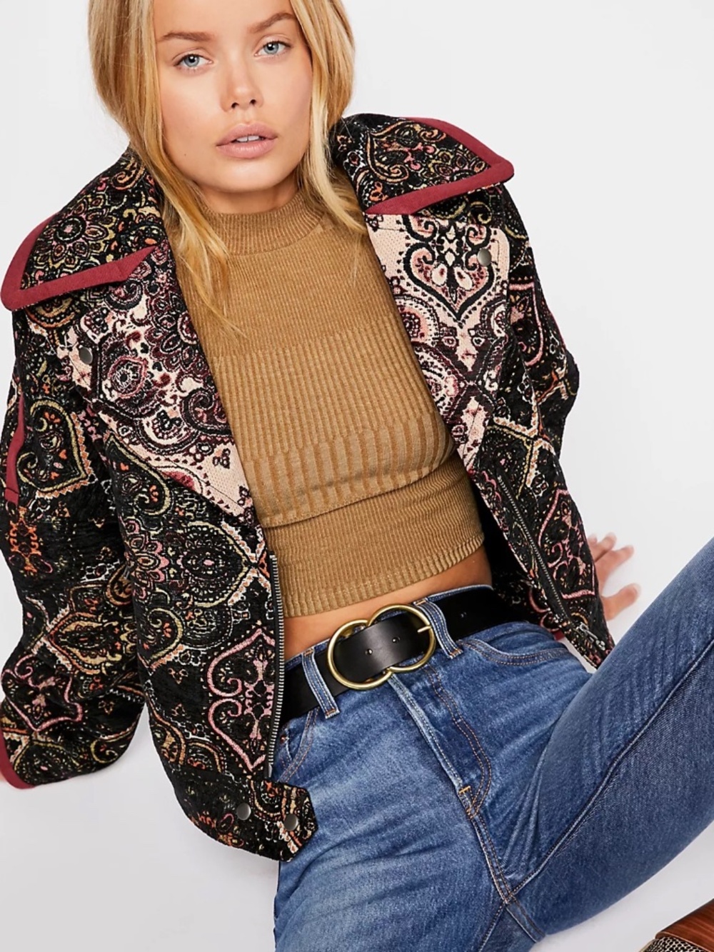 Free People Women's Tapestry Labyrinth Patterned Moto Jacket size M
